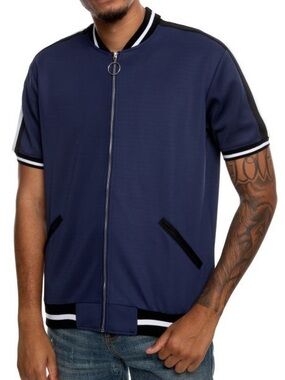 Karter Collection Men's Blue Short-Sleeve Zip Bomber Shirt Black & White Trim XL